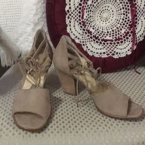 Tan suede stacked heels by Paul green